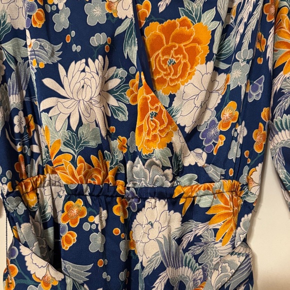 Floral Navy Wrap Dress with Gold Accents - Picture 8 of 10